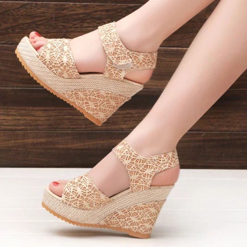 Women's Mesh Peep Toe Platform Wedge Sandals - High Heel Party Dress Sandals