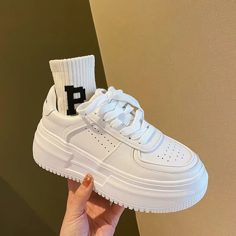 White Women's Sneakers - Stylish Casual Leather Shoes