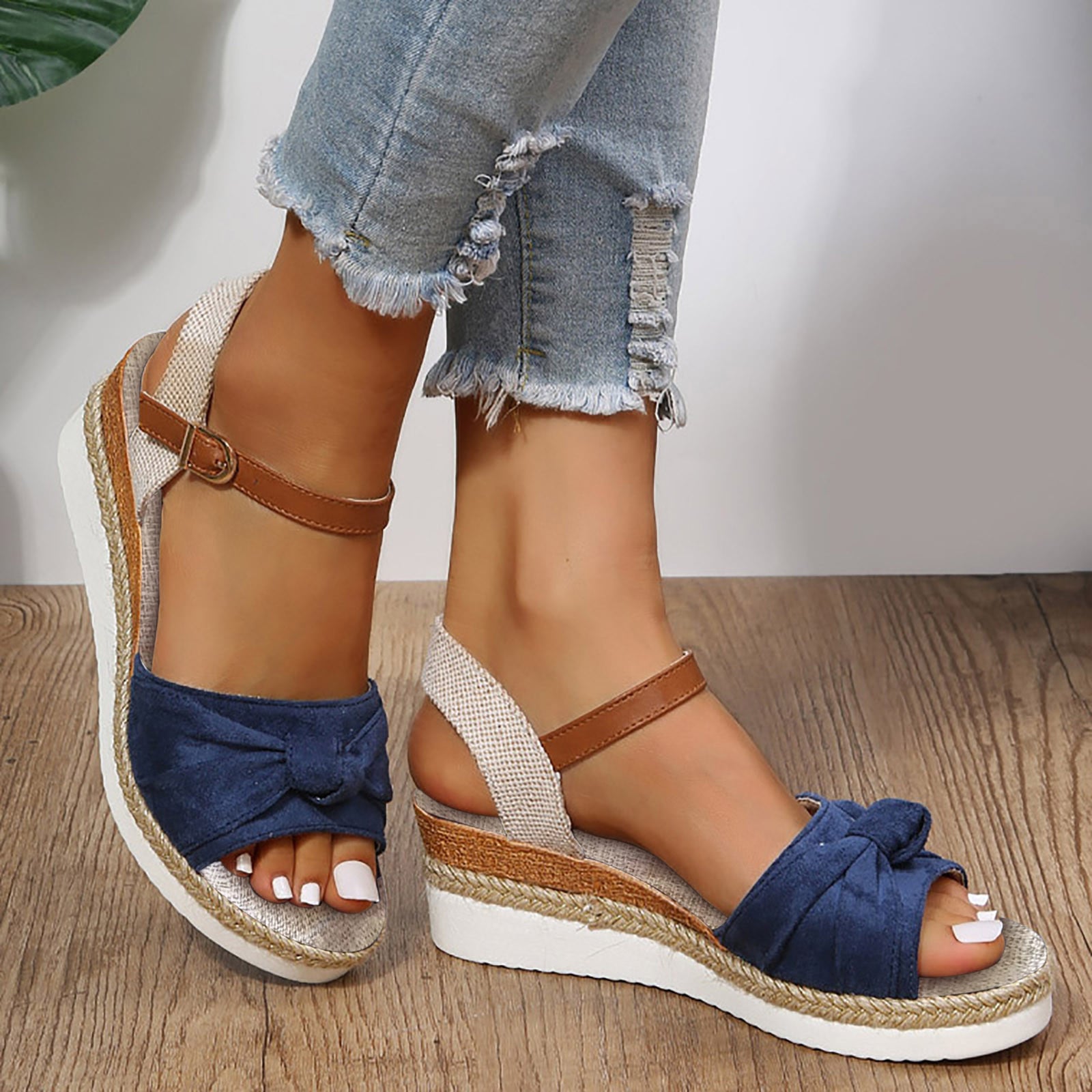 Women's Knot Detail Espadrille Ankle Strap Wedge Orthopaedic Sandals