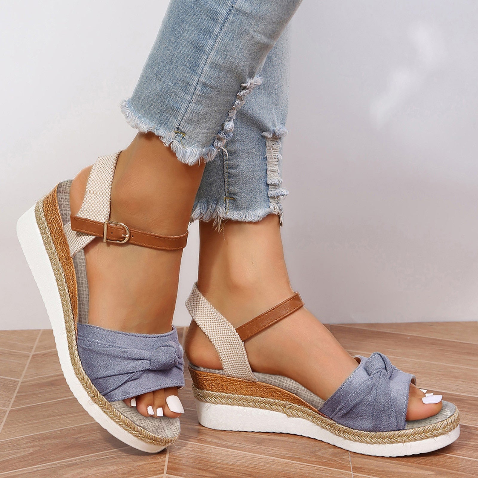 Women's Knot Detail Espadrille Ankle Strap Wedge Orthopaedic Sandals