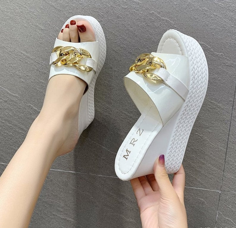 Women's High Heel Platform Wedge Slides - Chain Decor Summer Beach Sandals